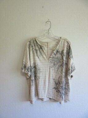 PILCRO Brown & Gray Stripe Sunflowers XL Pullover V-Neck Short Sleeve Top